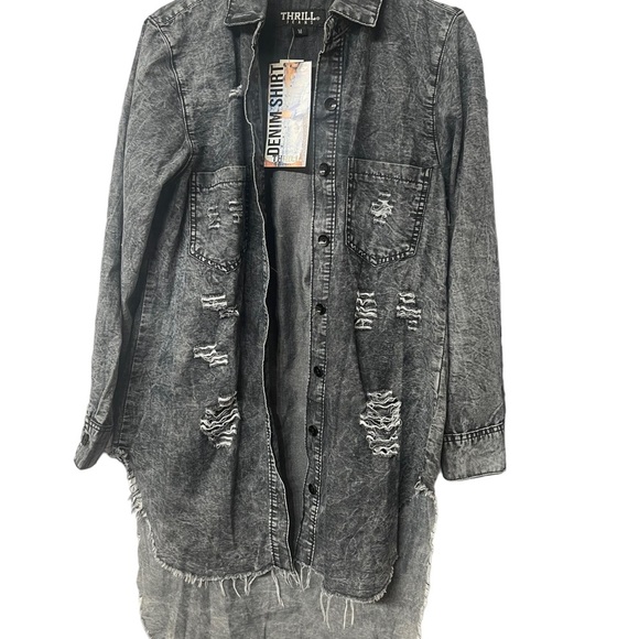 Thrill Jeans Hi Low Denim 
Shirt Women Dark Gray Acid
Wash Destroyed size M - Picture 10 of 15